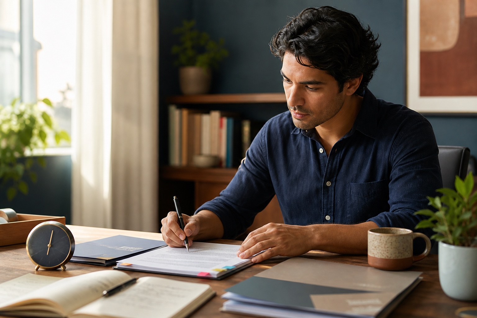 International professional refining a clear English resume at a bright desk