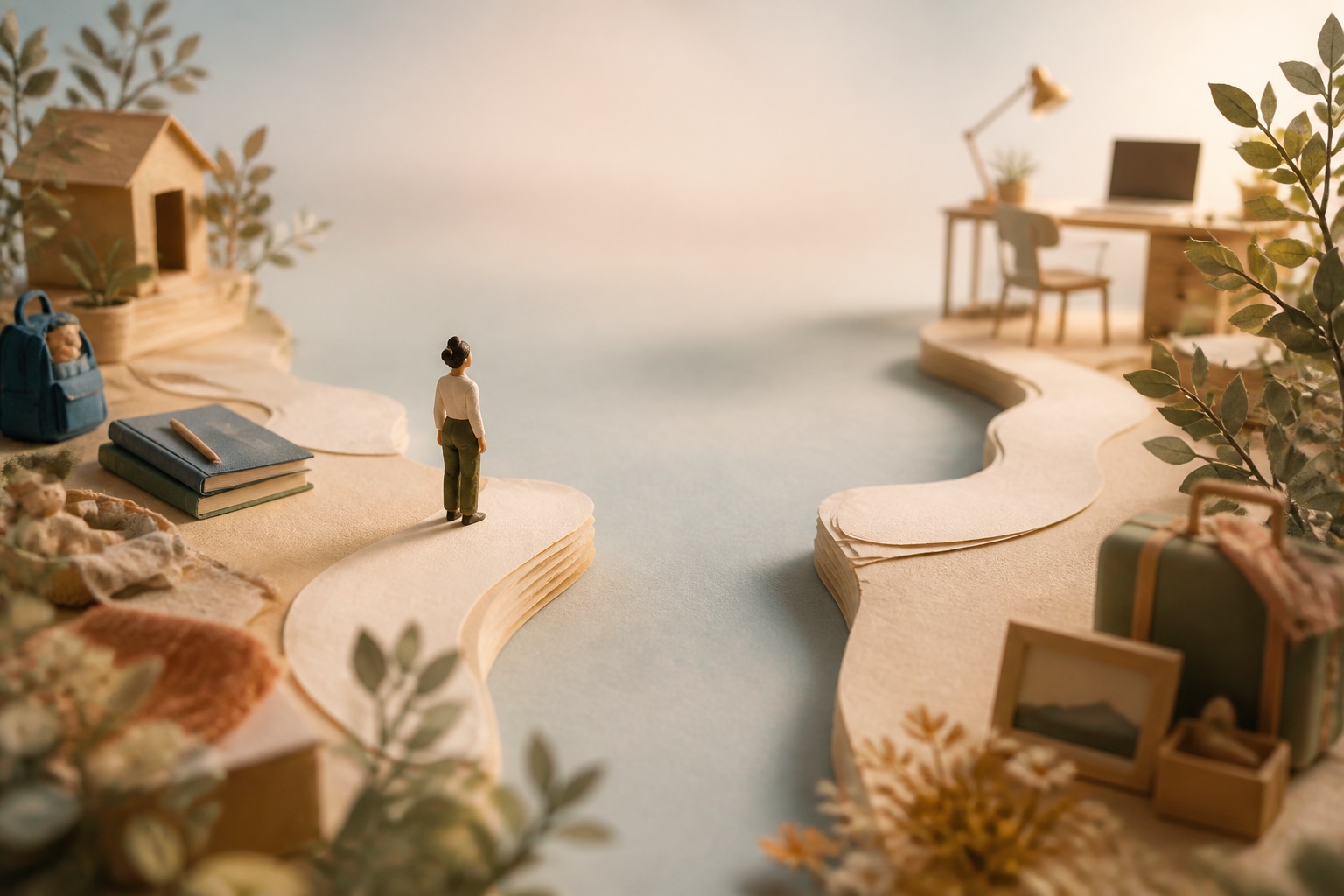Career timeline crossing a dignified open space toward a new workplace