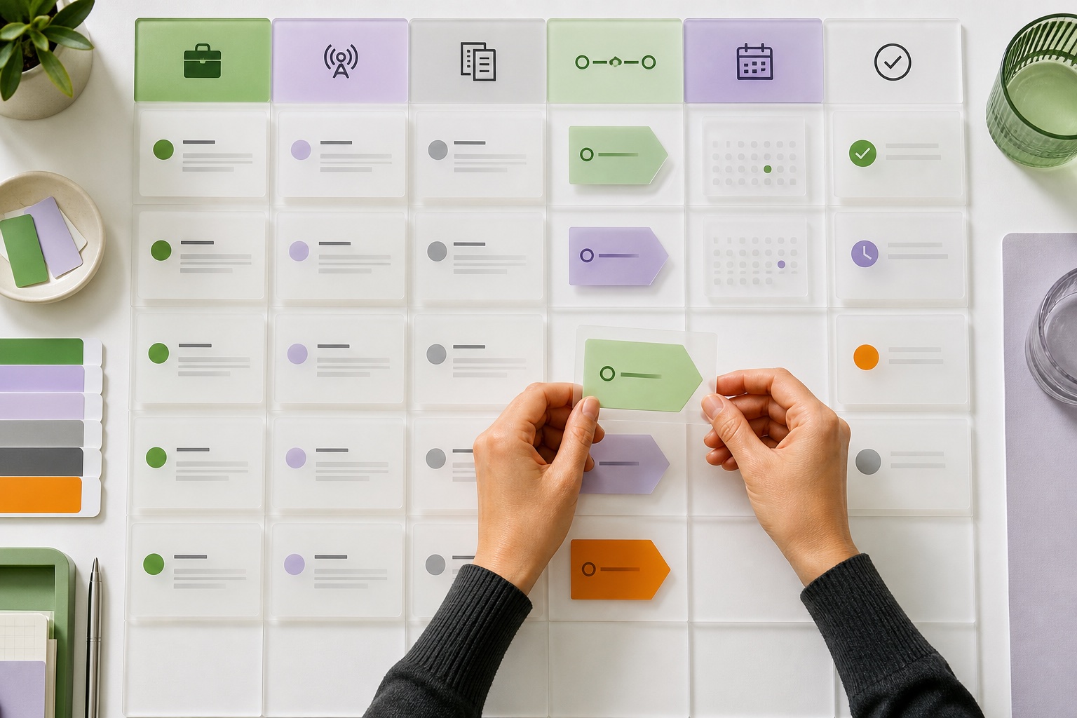 Tactile spreadsheet grid organizing job applications by stage and next action