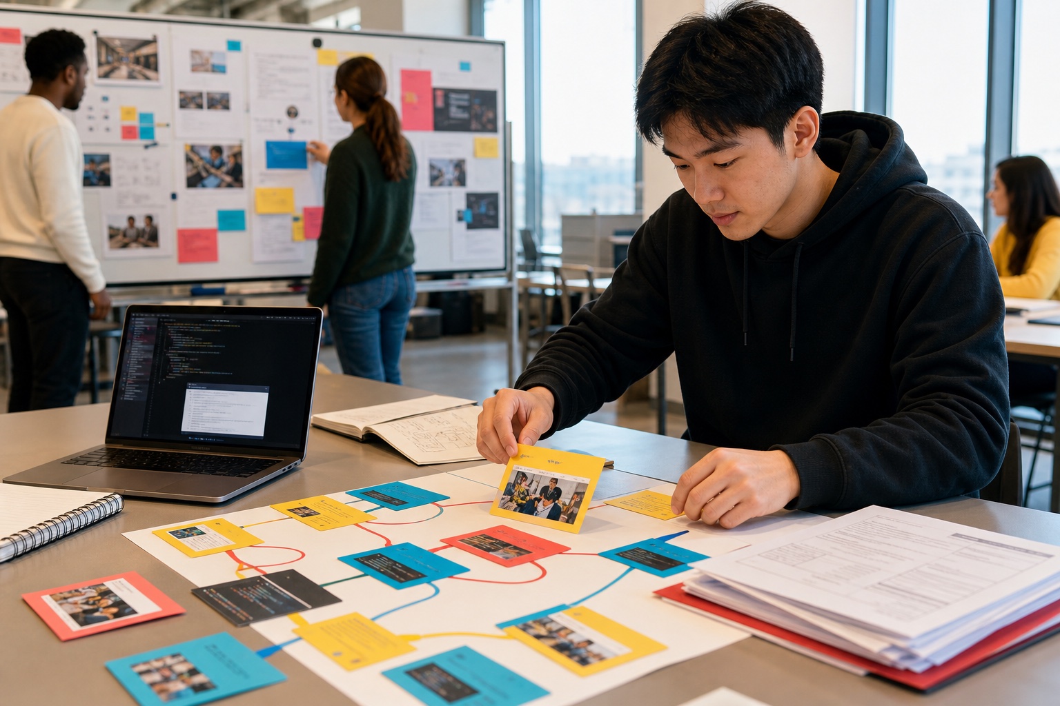 Student connecting project evidence to an internship brief in a university studio