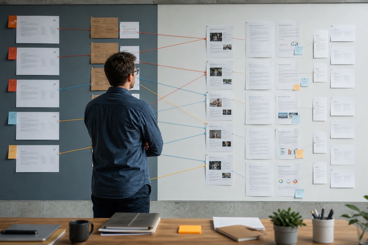 Job requirements connected to verified resume projects and results on a studio wall