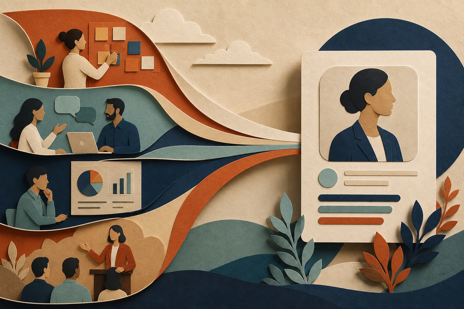 Career experiences flowing through a paper narrative into a coherent profile summary