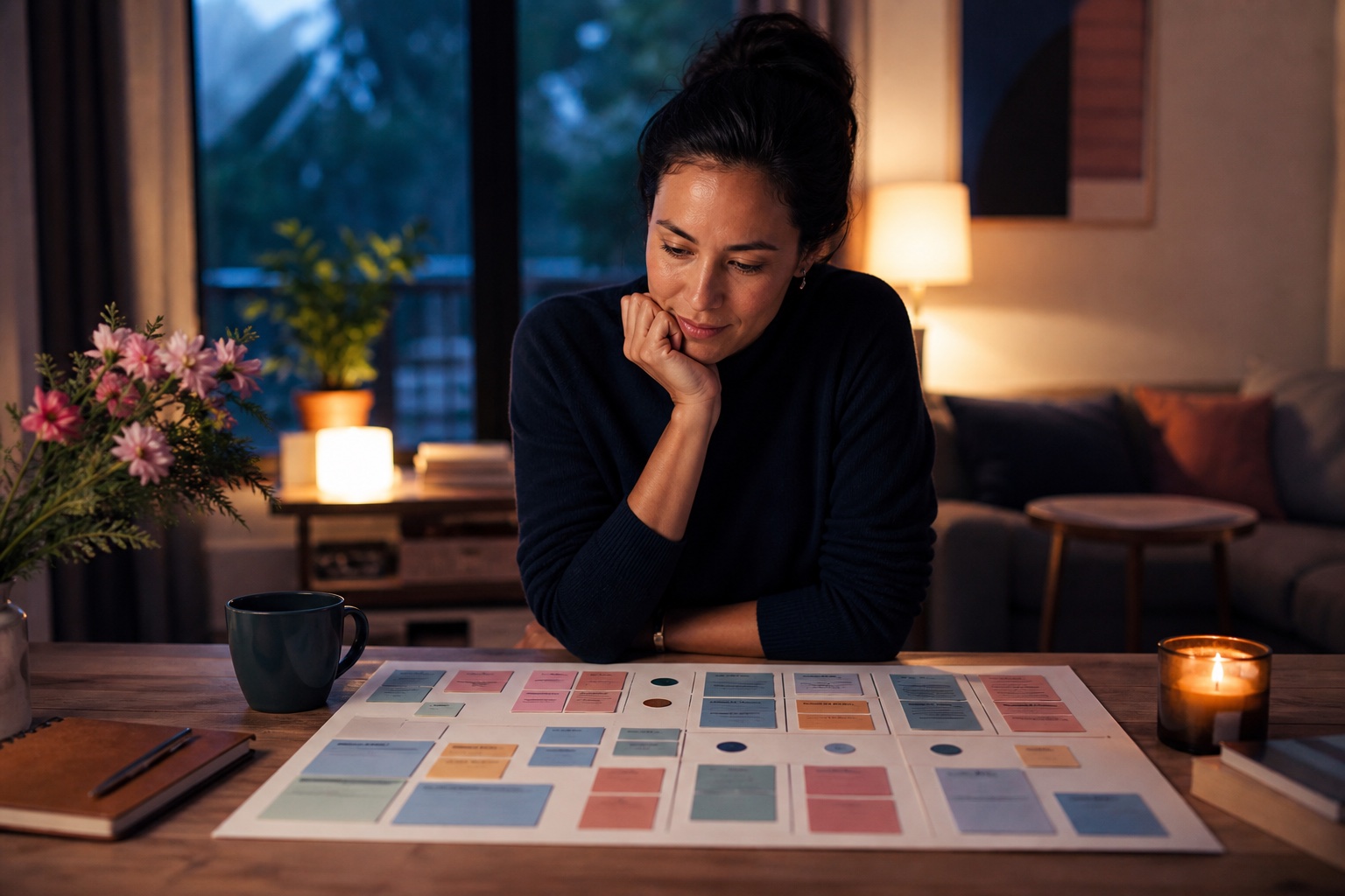 Job seeker calmly reviewing application outcomes as patterns rather than judgments