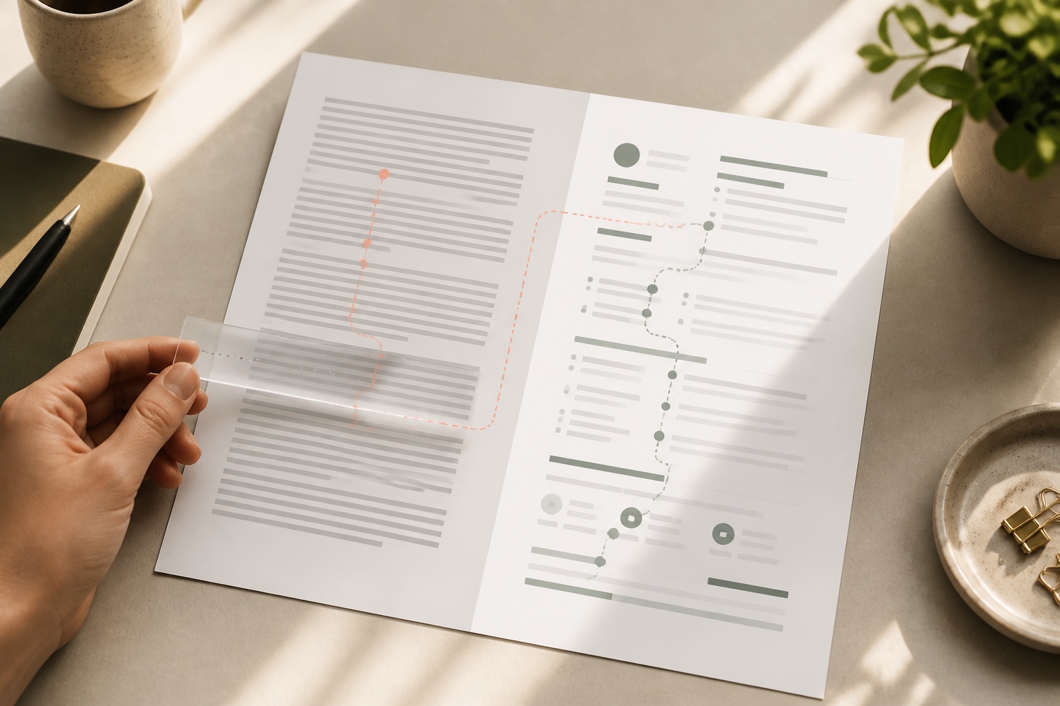 Dense resume transformed into a calm readable layout under a reading guide