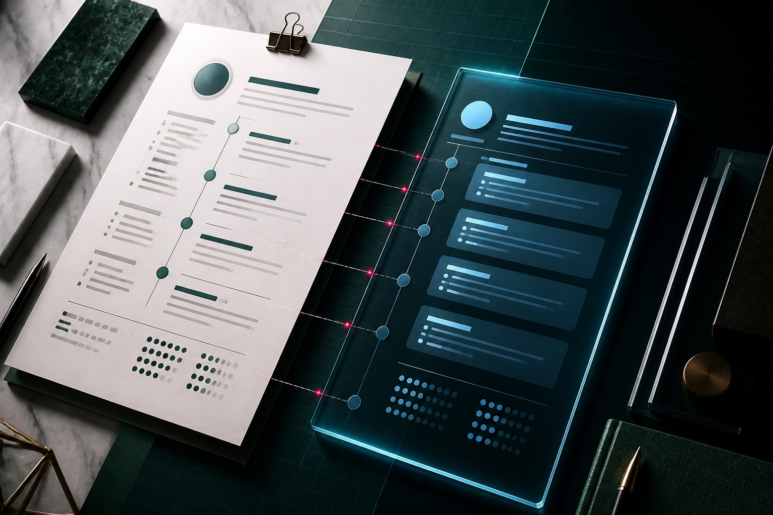 Paper resume and digital profile aligned through matching career timeline nodes