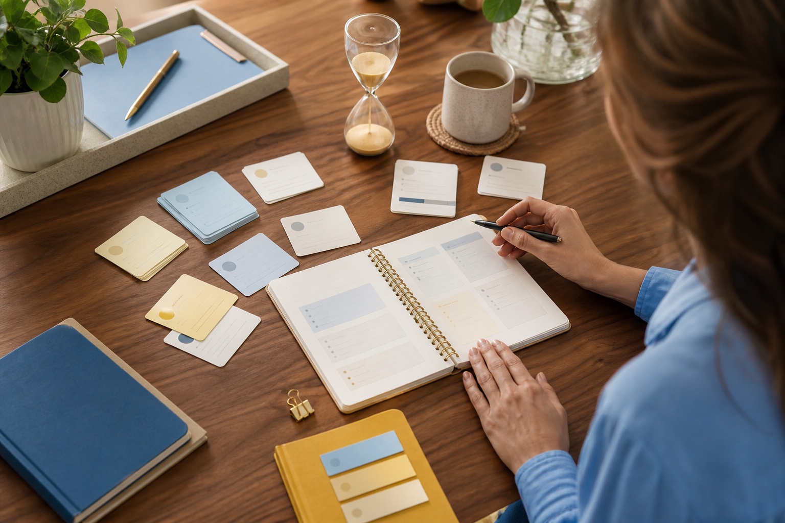 Professional using a short weekly ritual to review application cards and priorities