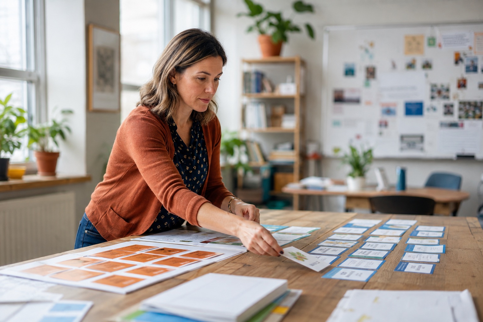 A teacher reorganizes workshop cards into a customer education plan at a studio table