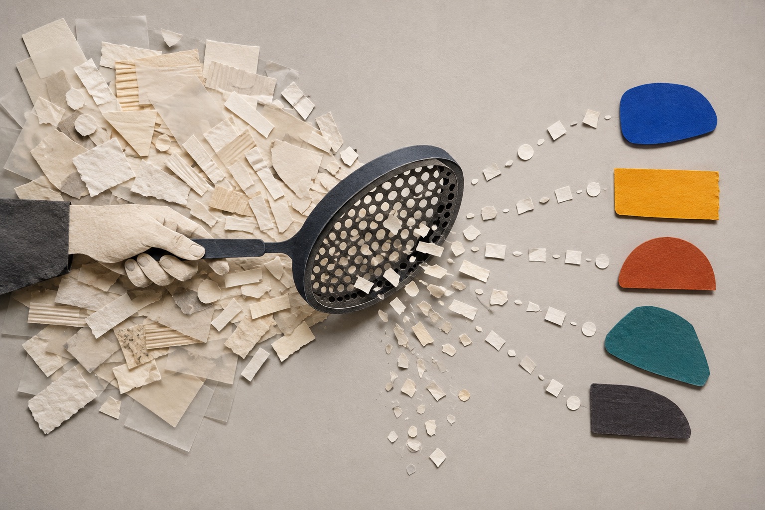 A handmade paper sieve separates many fragments into a few distinct signal shapes