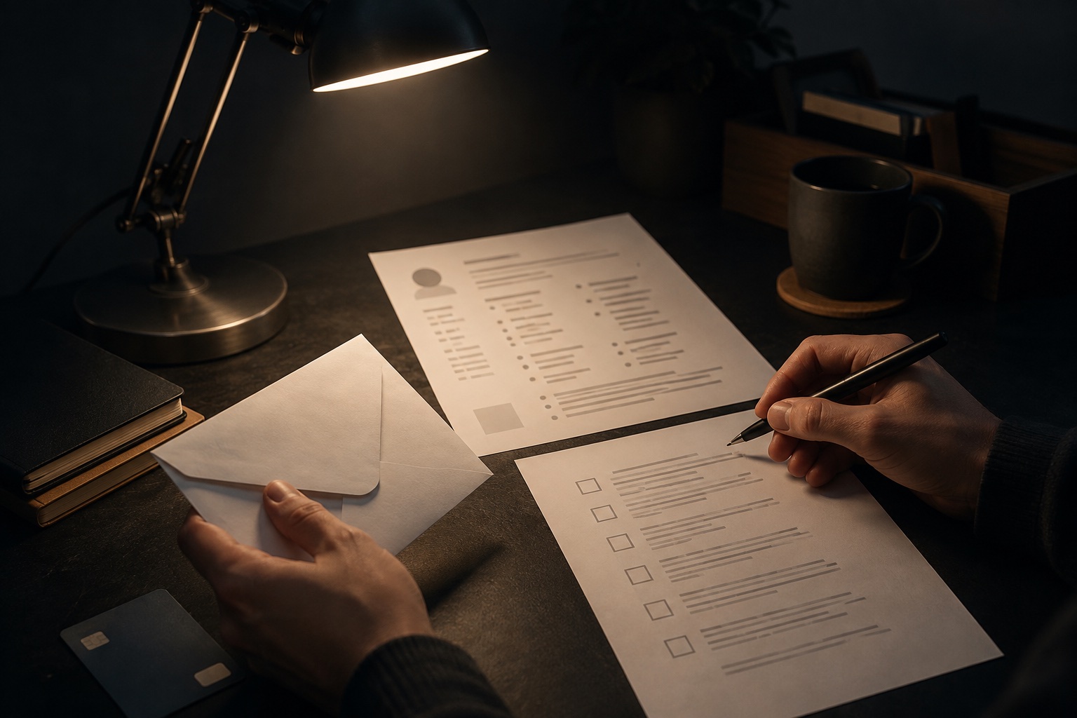 A job offer, verification sheet, and payment card are examined under a task lamp