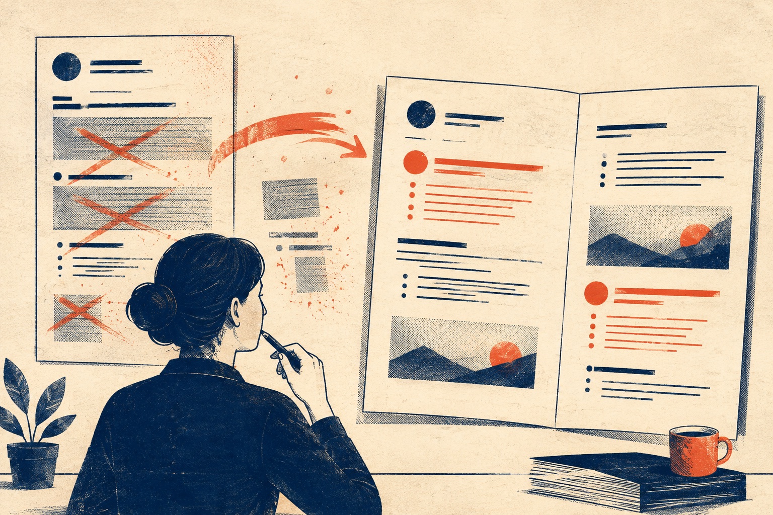 A risograph editor moves strong evidence from a crowded page into a clear two-page spread