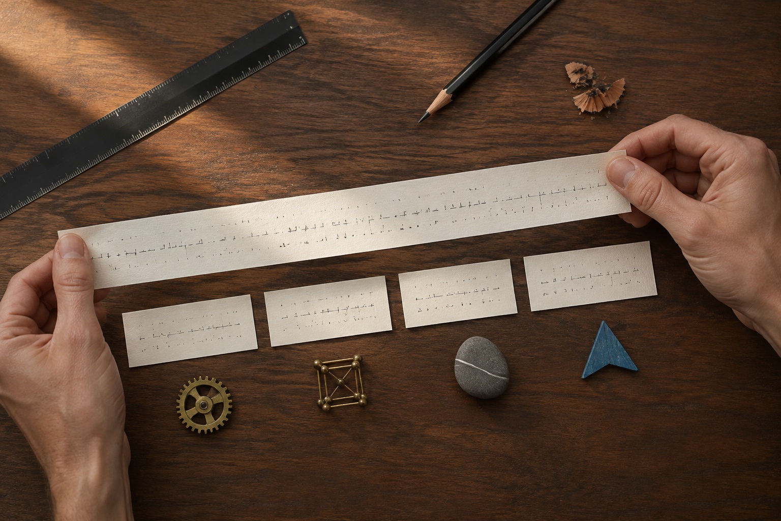 An editor separates a long paper strip into evidence components on a walnut desk
