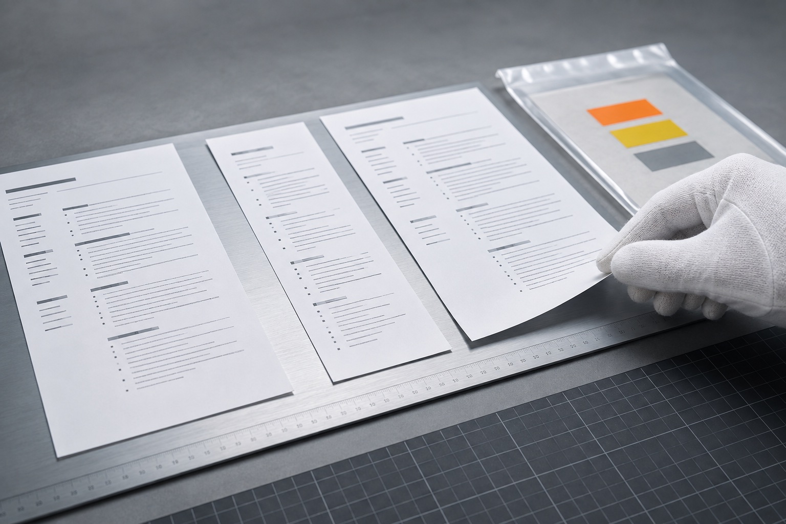 A resume document passes through four quality-control stages on a technical bench