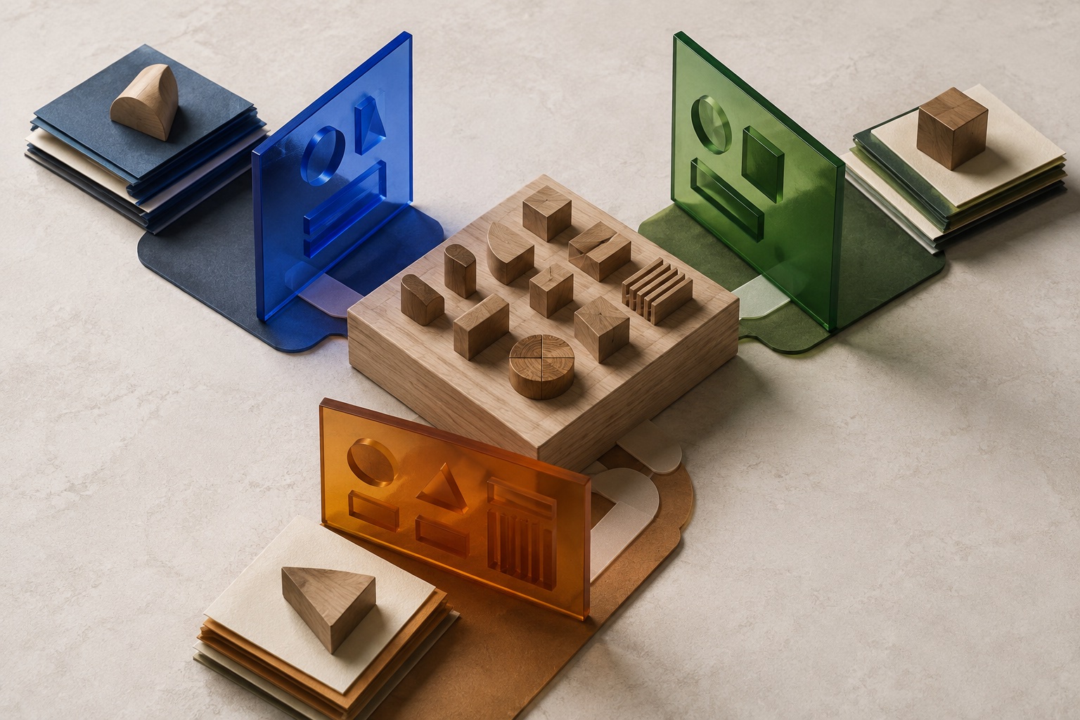 One wooden evidence model is viewed through three translucent role lenses