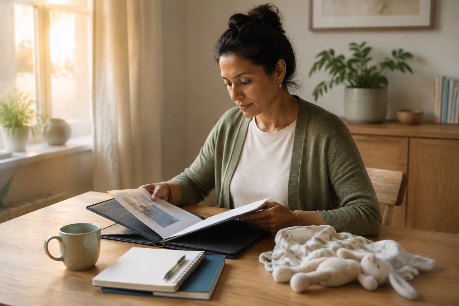 A professional reviews a portfolio at a warm morning workspace beside a caregiving keepsake