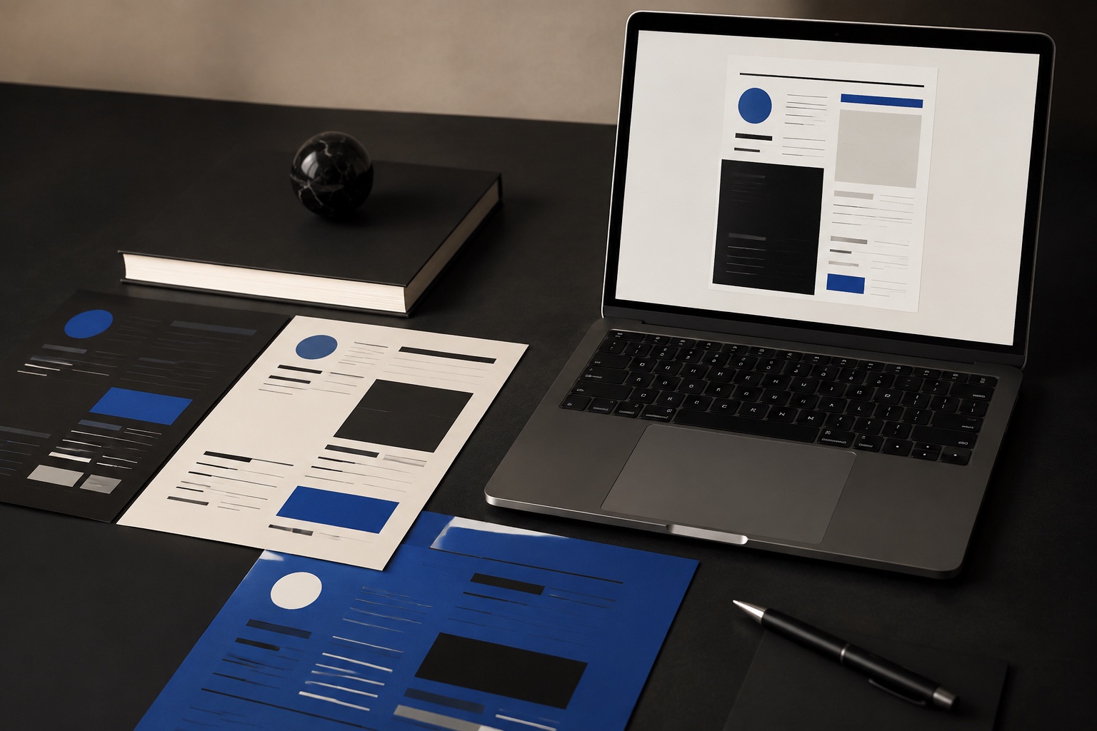 Printed resume type specimens beside a laptop showing a clean PDF export