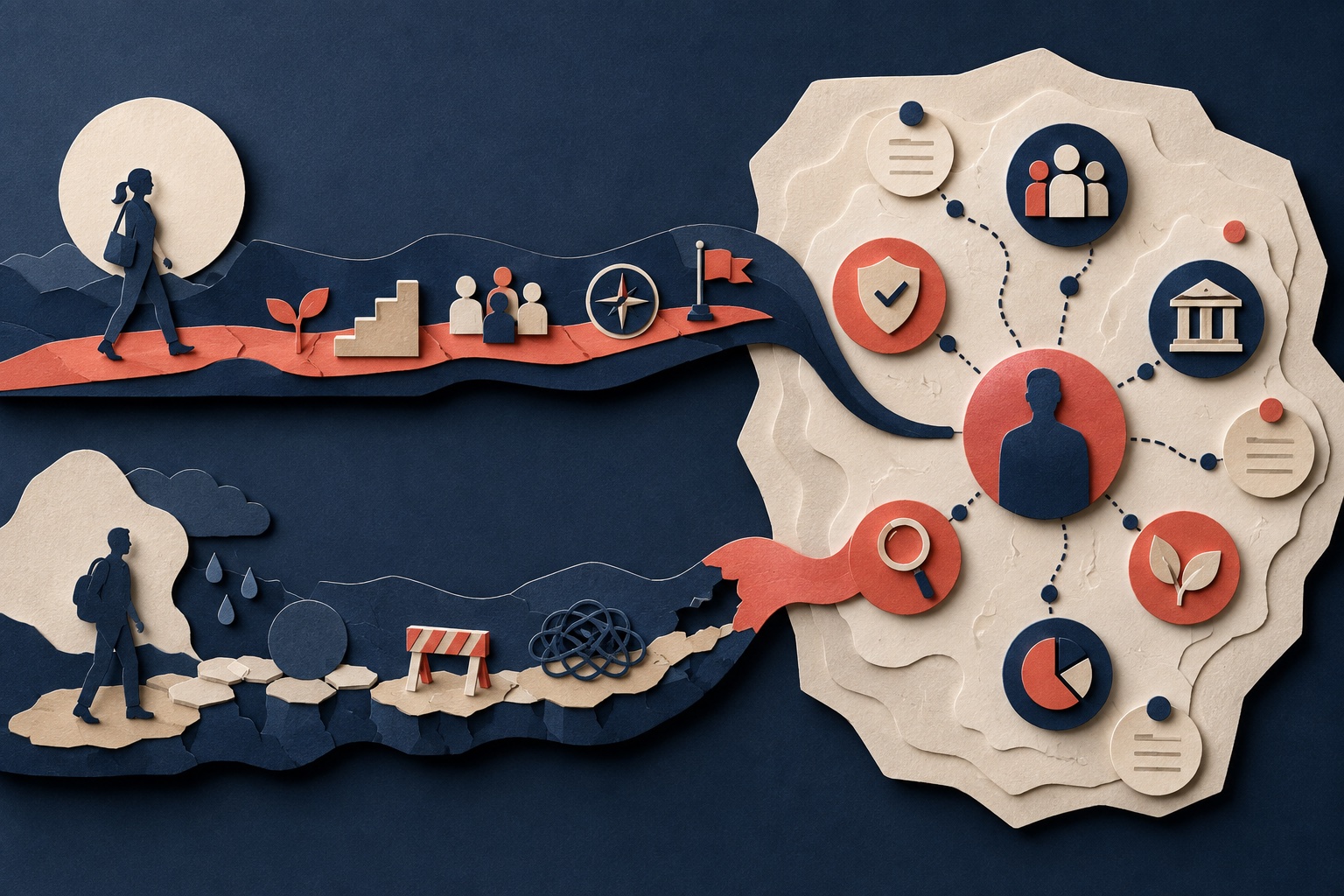 Two timeline strips beside a larger responsibility map on an editor's desk