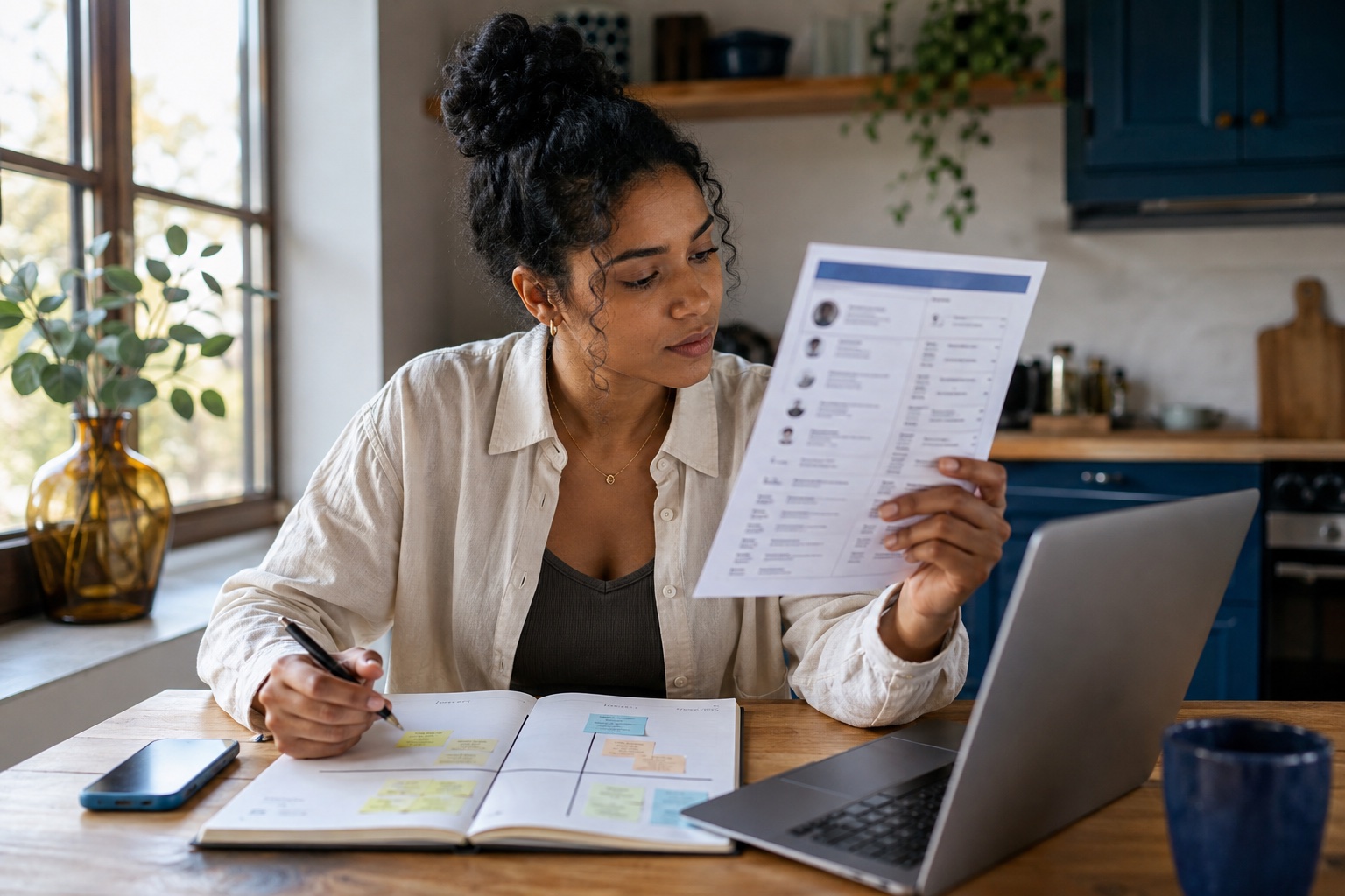 A job seeker compares one crowded application card with a short evidence checklist at a kitchen table