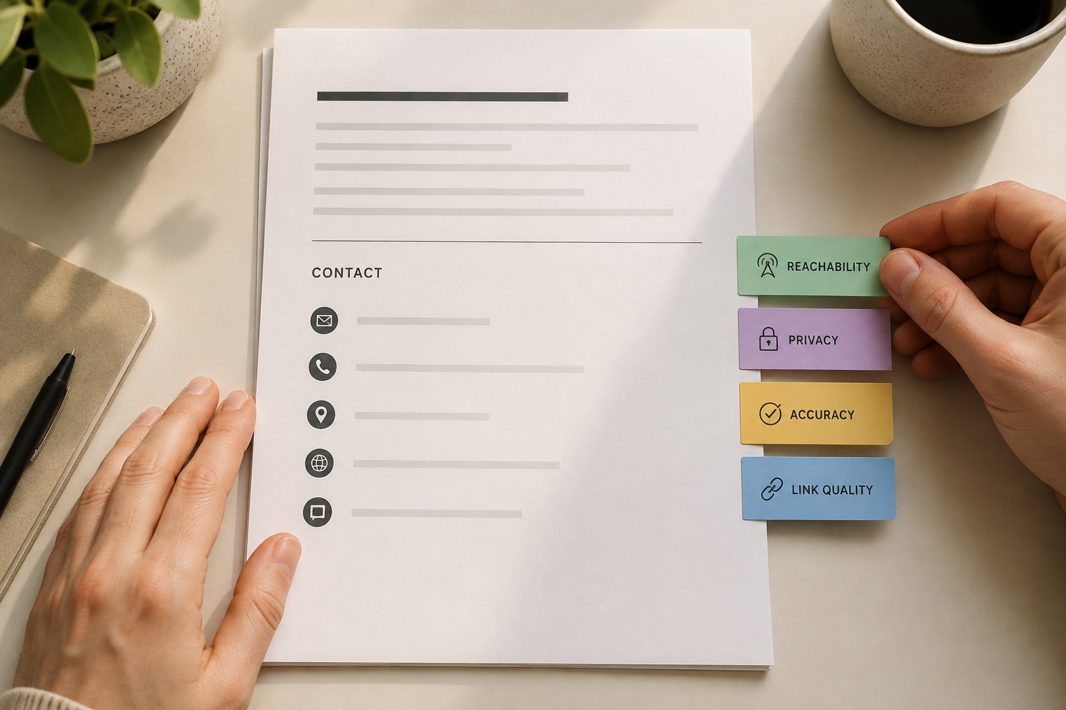 An editor tests phone, email, LinkedIn, and portfolio cards connected to one resume header