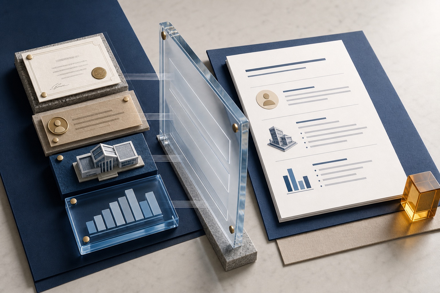 International credentials and experience passing through a transparent alignment frame into a clear English resume