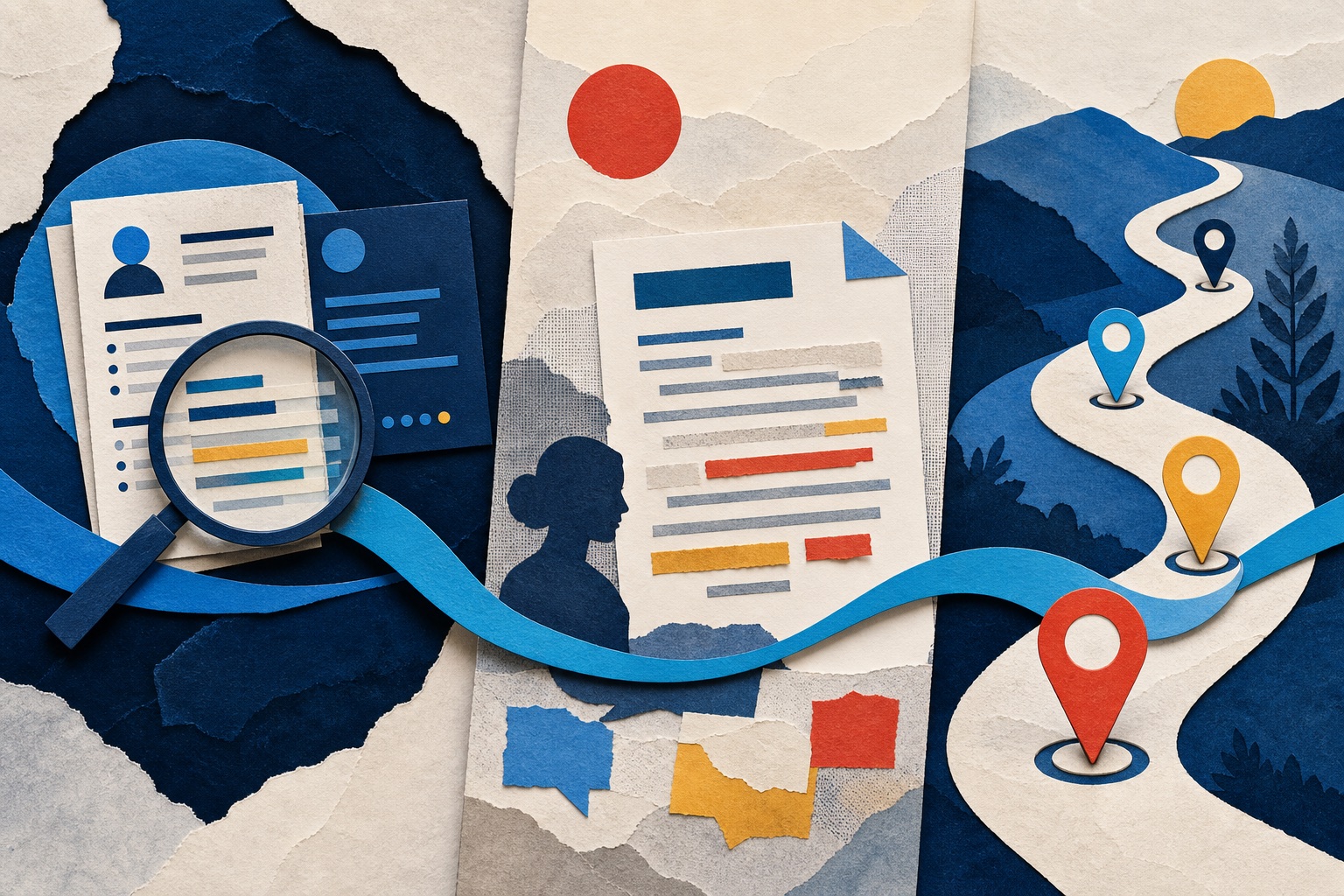 A continuous paper ribbon joining resume matching, cover-letter evidence, and application milestones
