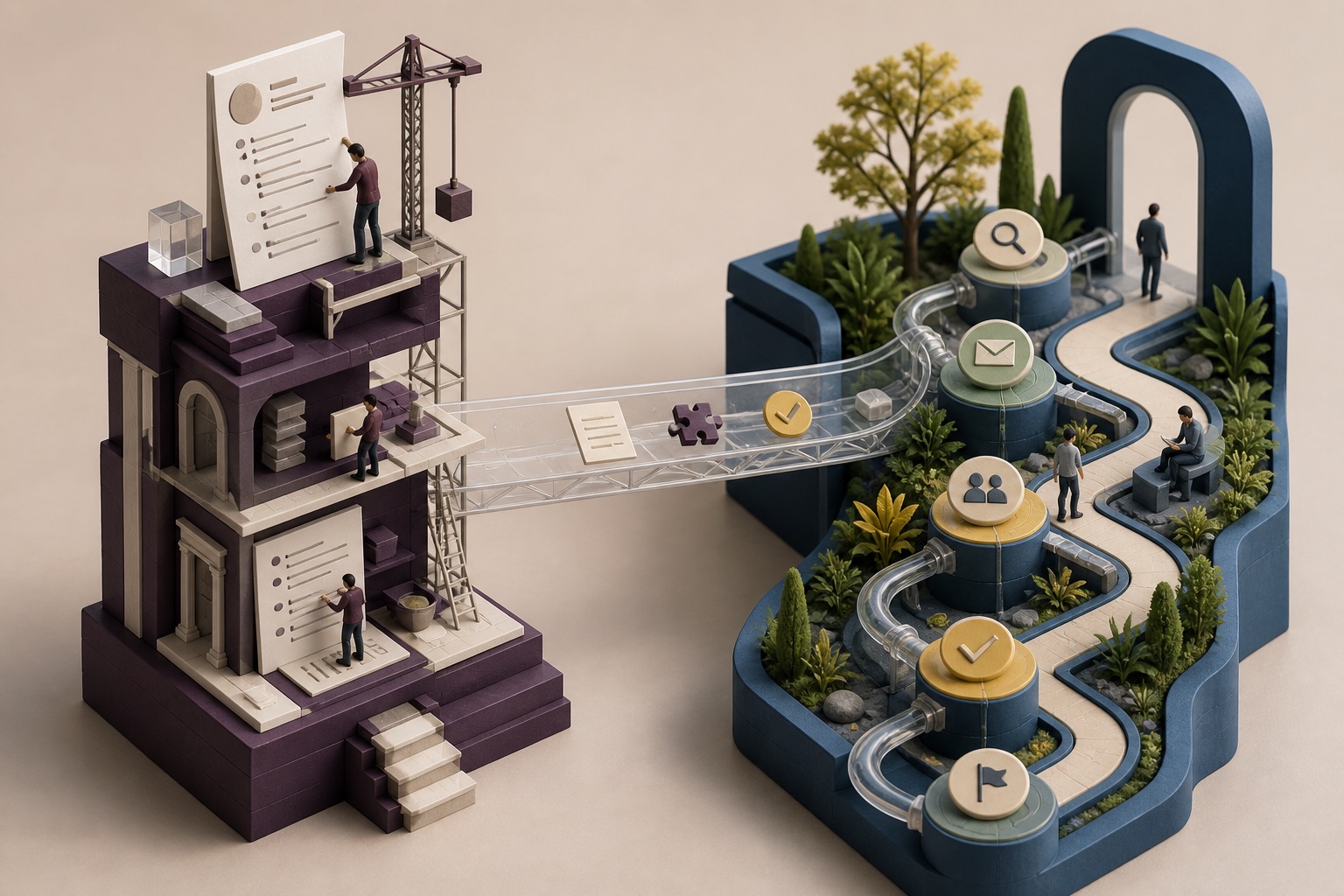 A resume construction tower connected by a transparent bridge to an application pipeline