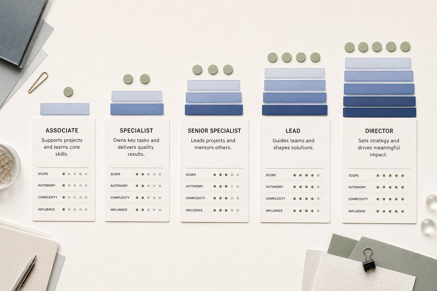 Five role-scope cards showing increasing autonomy, complexity, and influence over time