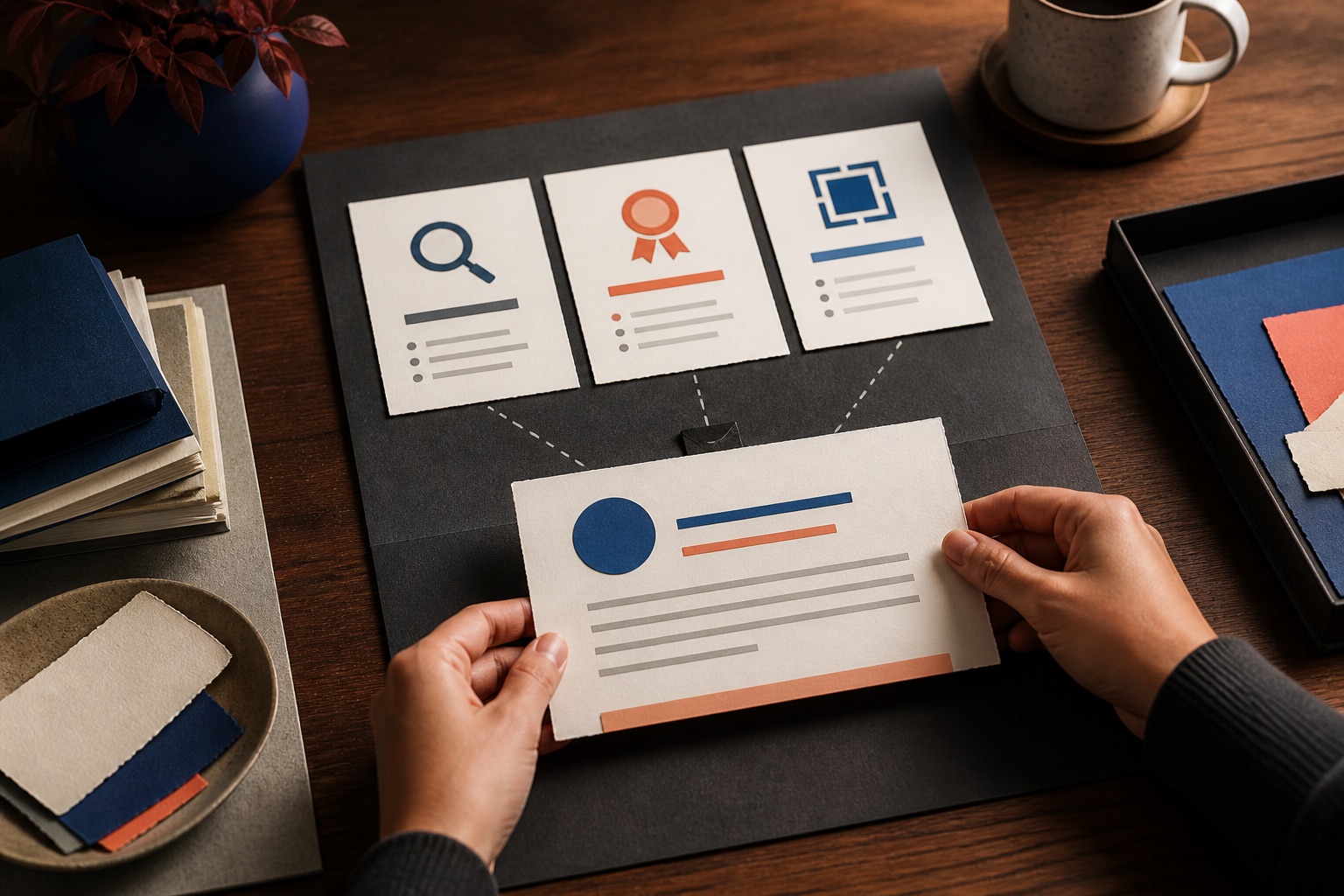Three evidence cards converging into one focused cover-letter opening