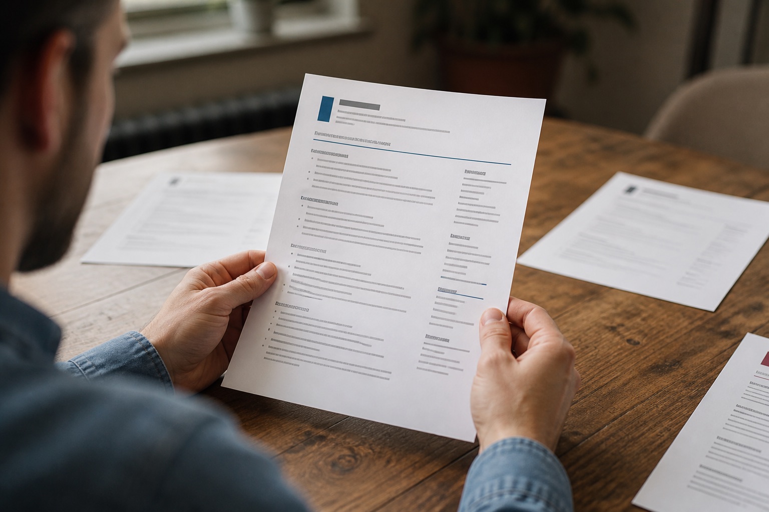 Job seeker reviewing a clean, single-column resume with a checklist at a desk