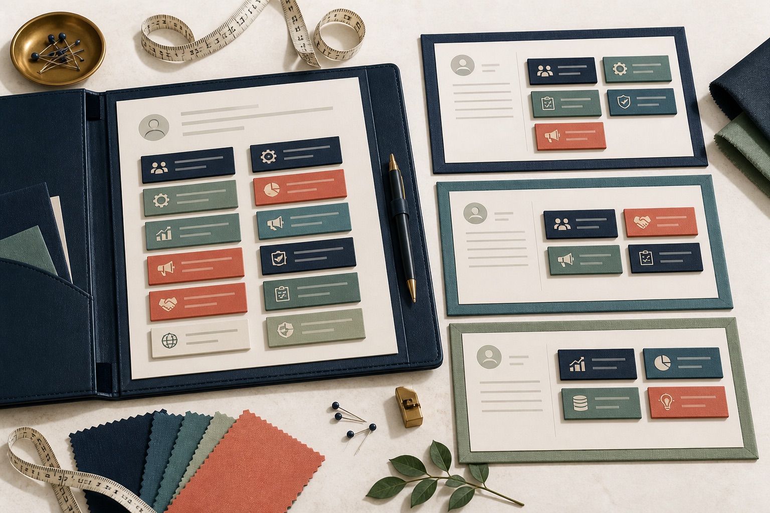 A master resume folio supplying reusable evidence tiles to three distinct job-target versions