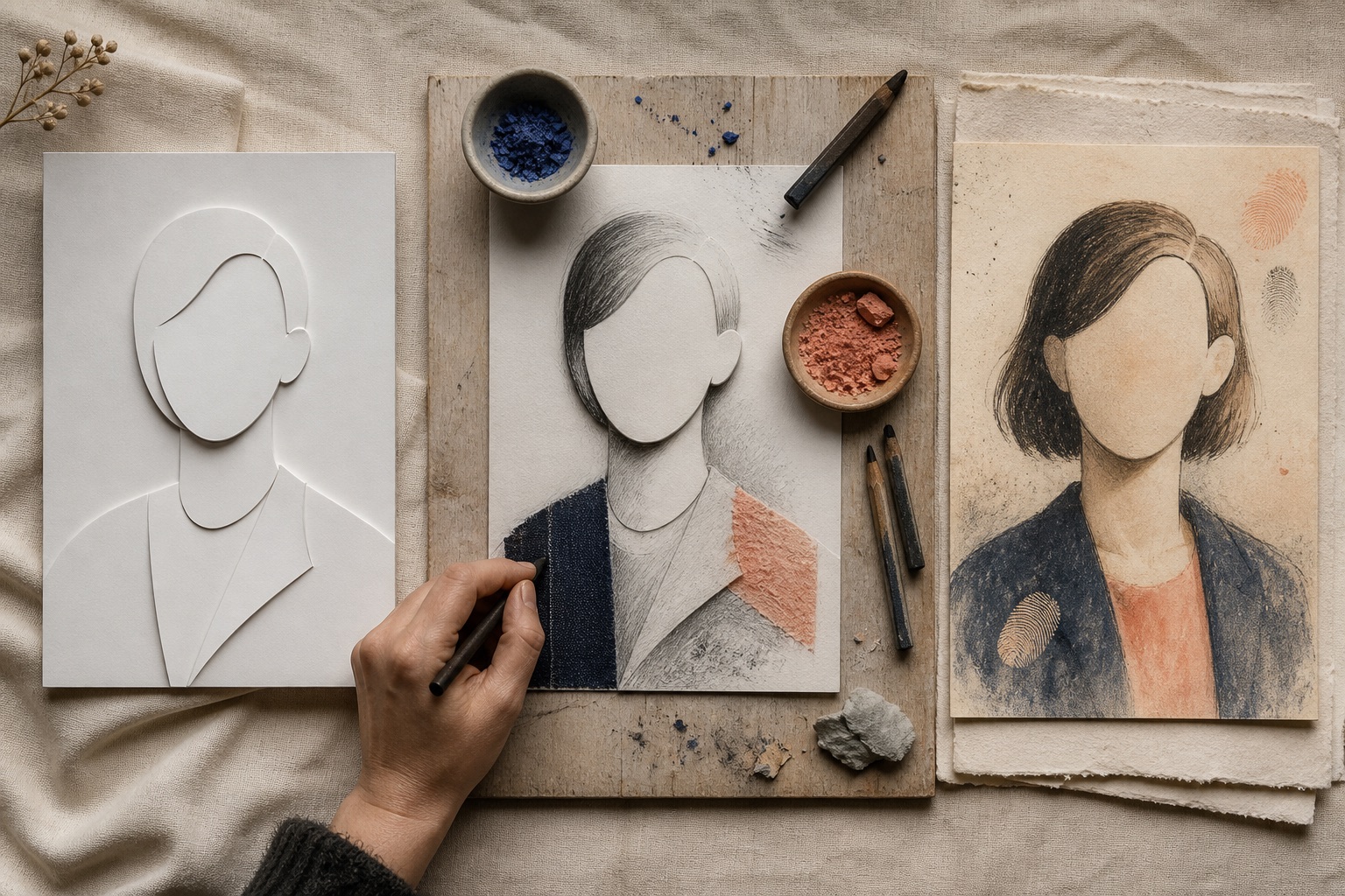A generic paper portrait becoming distinctive through human evidence, texture, and editing