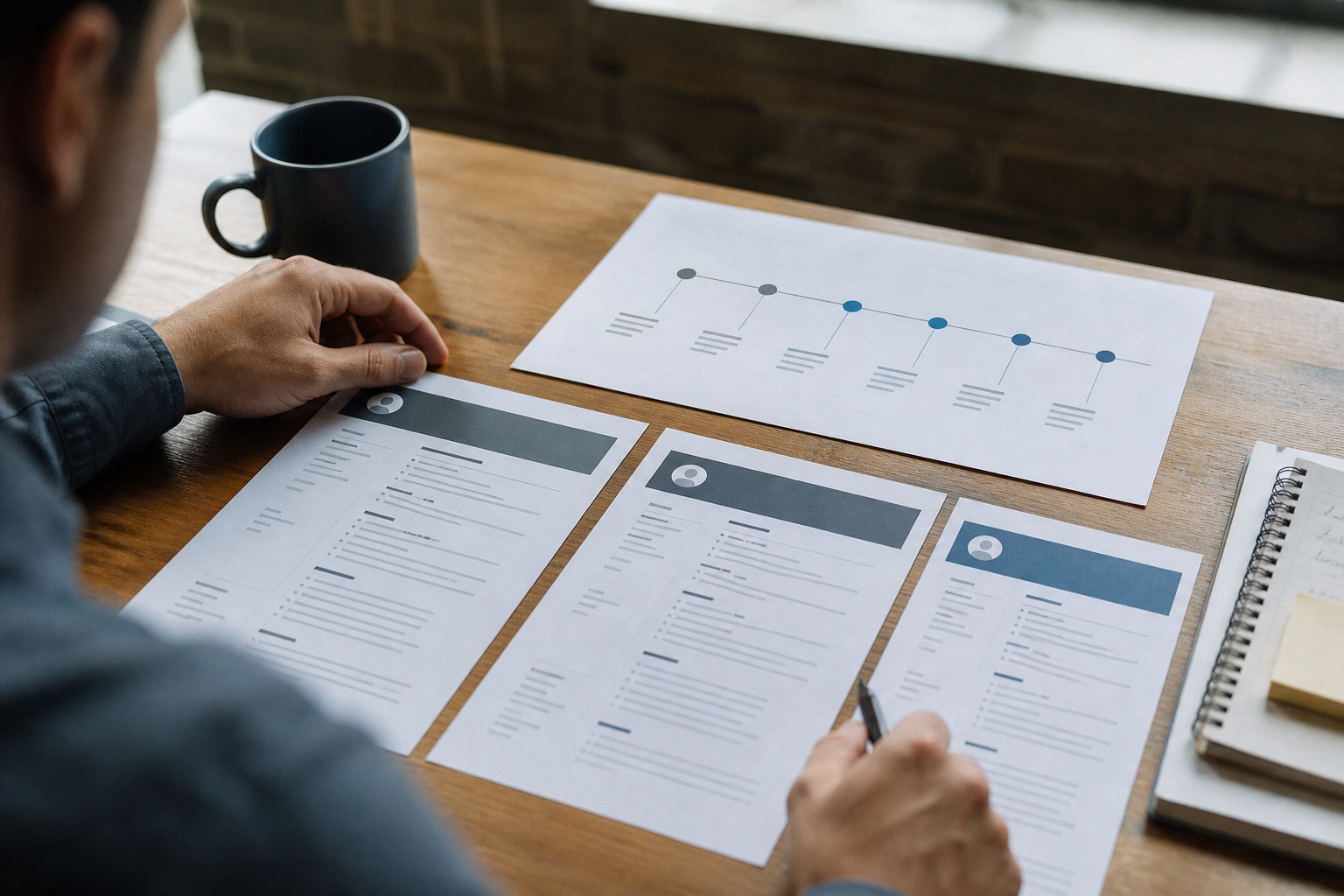 Resume versions and match readings arranged on a restrained timeline