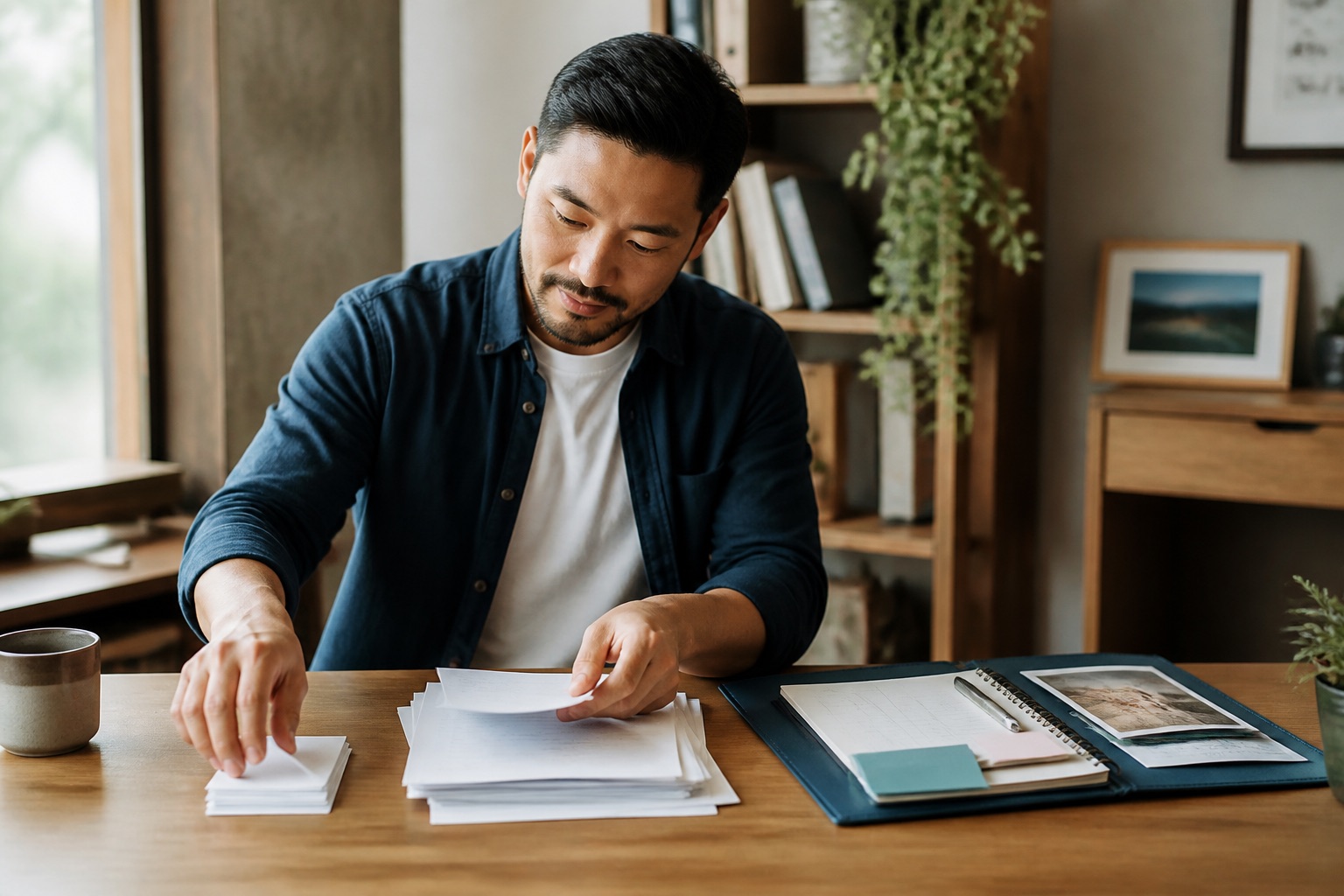 Hands sorting essential and optional job requirements beside a candidate evidence portfolio
