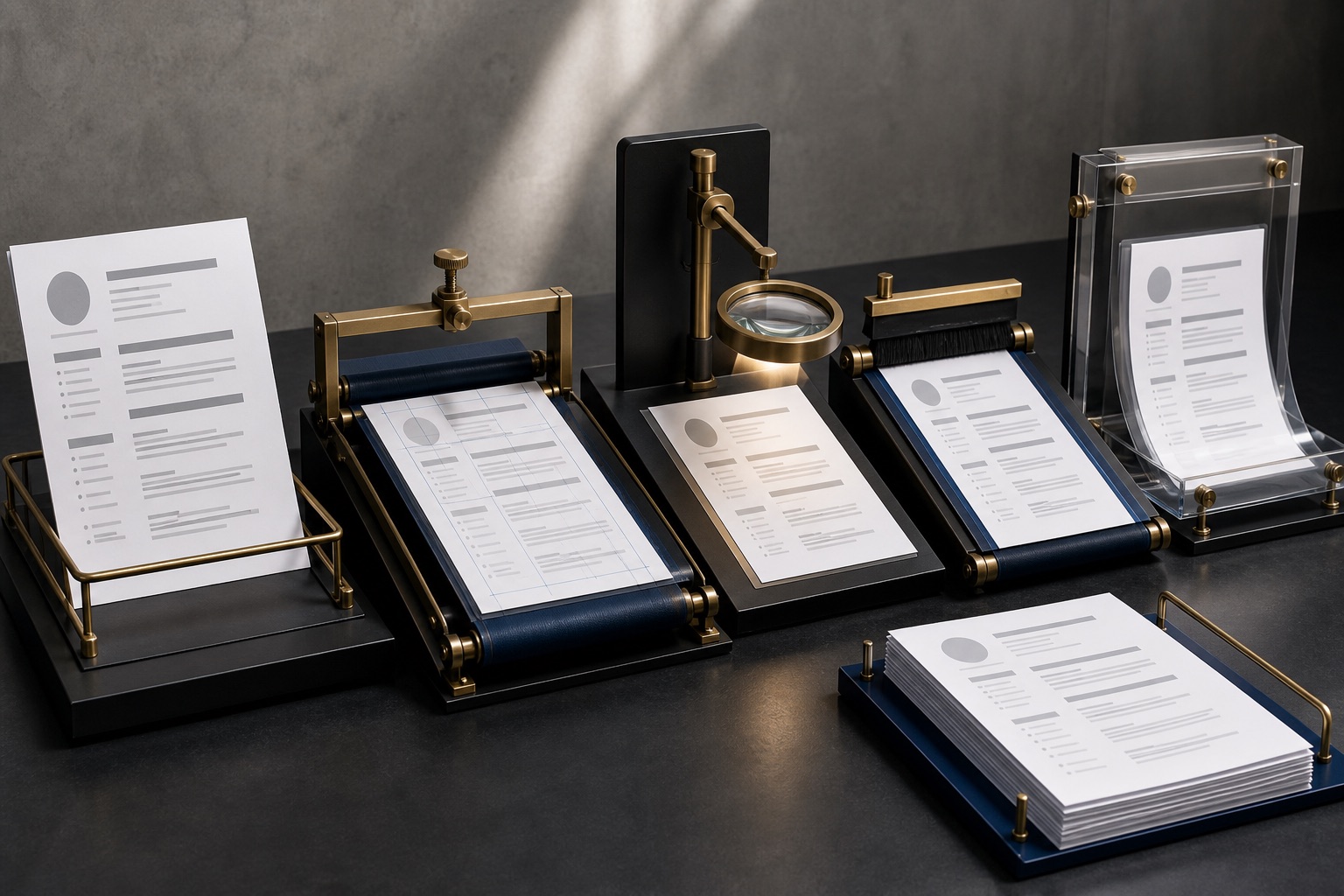A resume moving through layout, extraction, page, and final PDF preflight stations