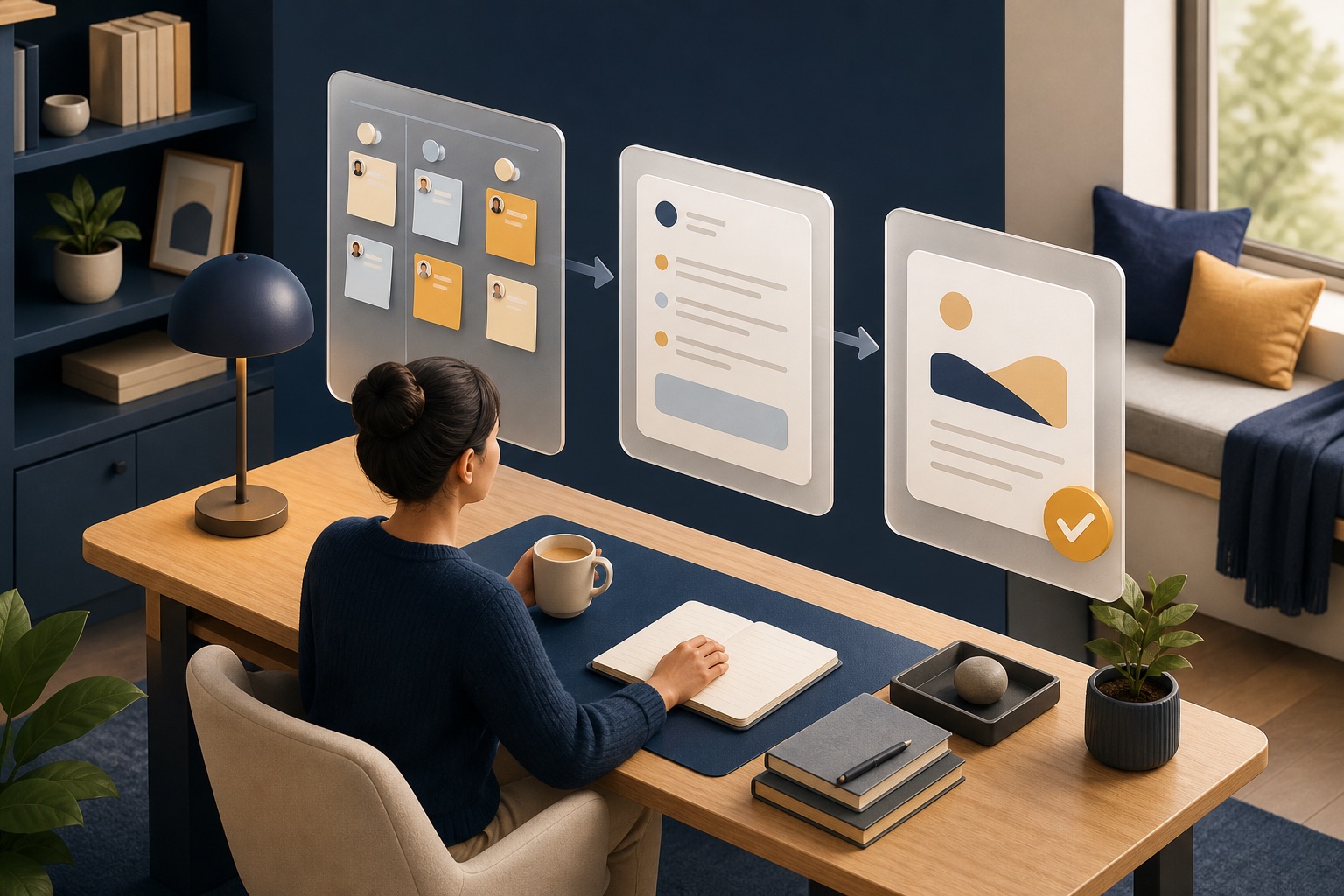 An isometric home workspace with documentation, handoff, and delivery objects