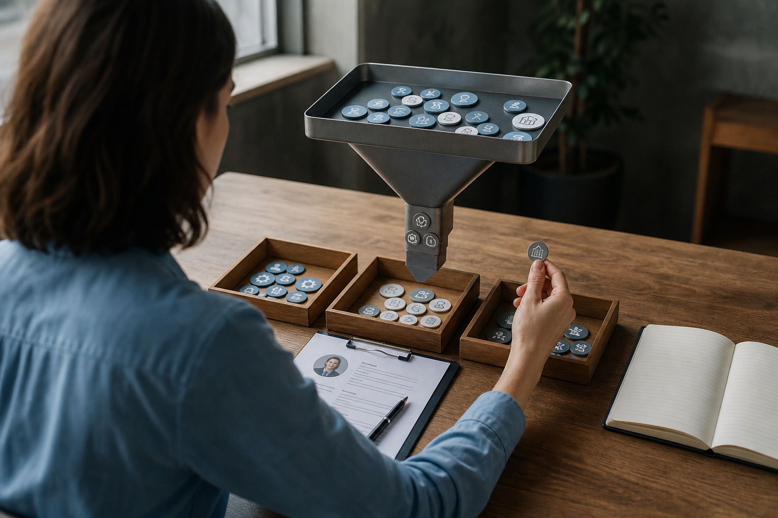 Job-description evidence passing through a physical funnel into three organized skill groups