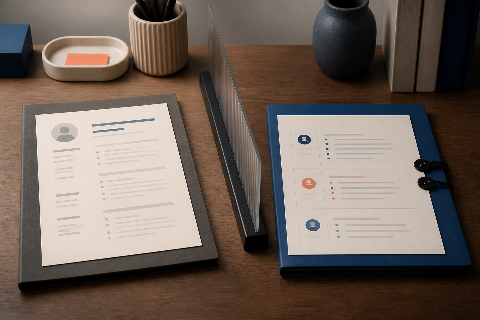 A resume folder and a separate professional reference folder kept ready for the right hiring stage