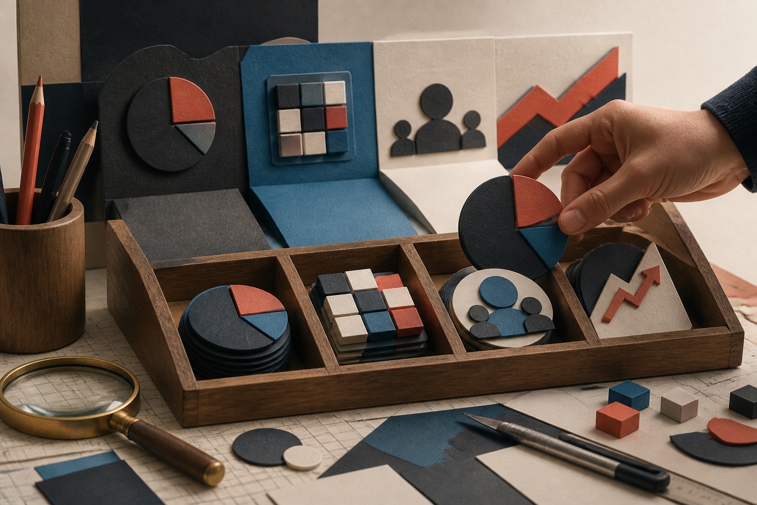 A hand selecting the right action marker from an organized evidence toolkit