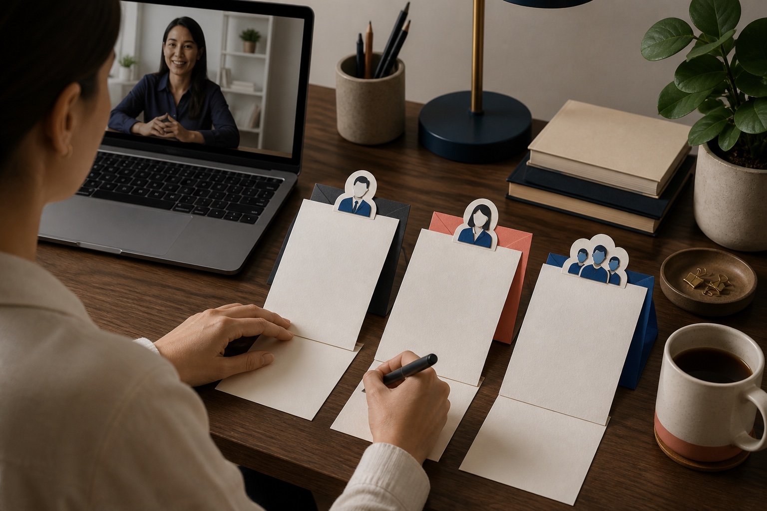 A candidate tailoring interview thank-you notes to three different interview stages