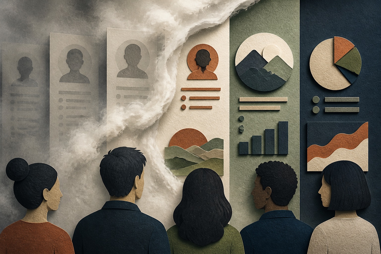 Dense paper fog lifting from a resume to reveal concrete evidence shapes