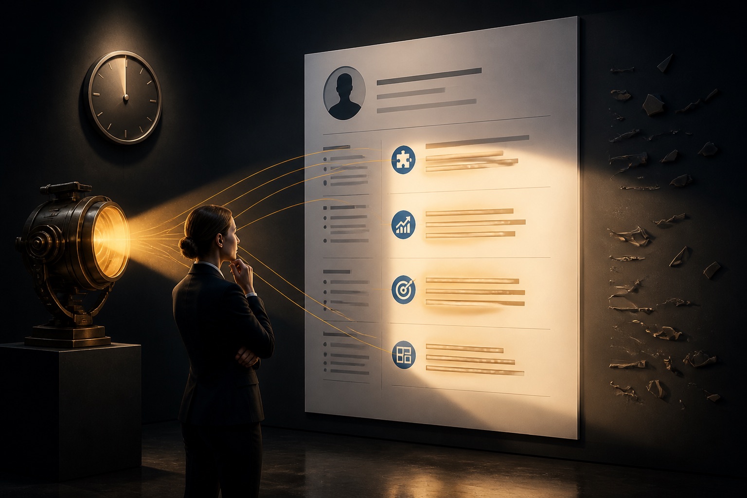 A recruiter's moving spotlight finding role fit, recent evidence, results, and structure on a resume