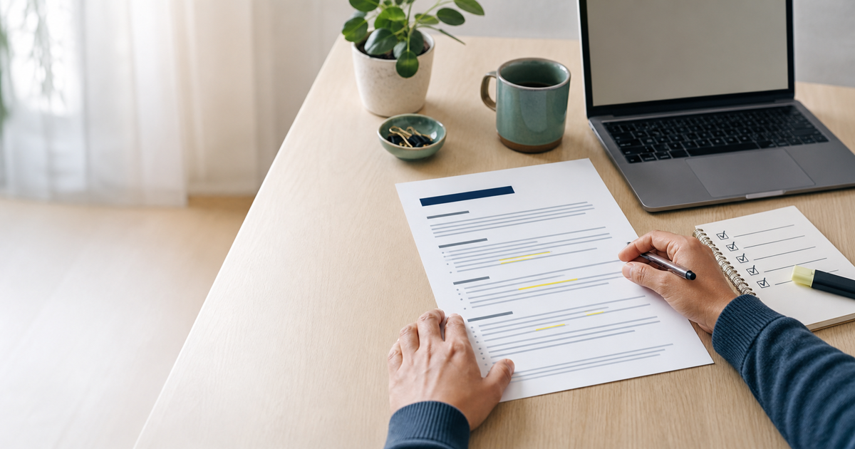 Job seeker reviewing a clean, single-column resume with a checklist at a desk