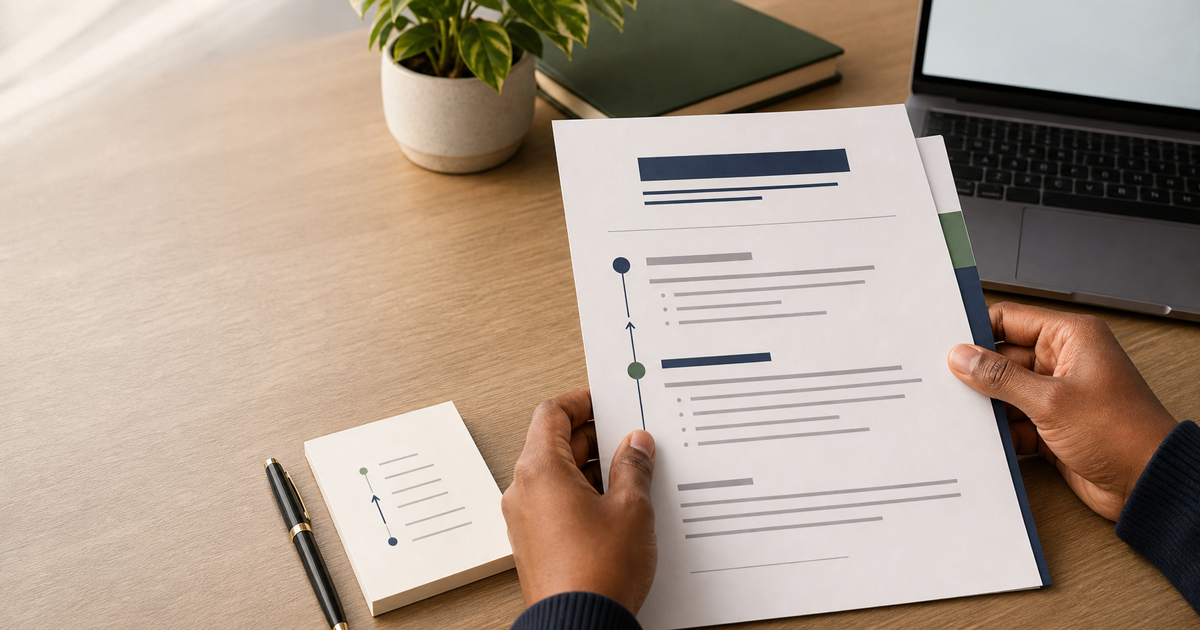 Job seeker reviewing a resume that groups two successive roles into a clear career progression