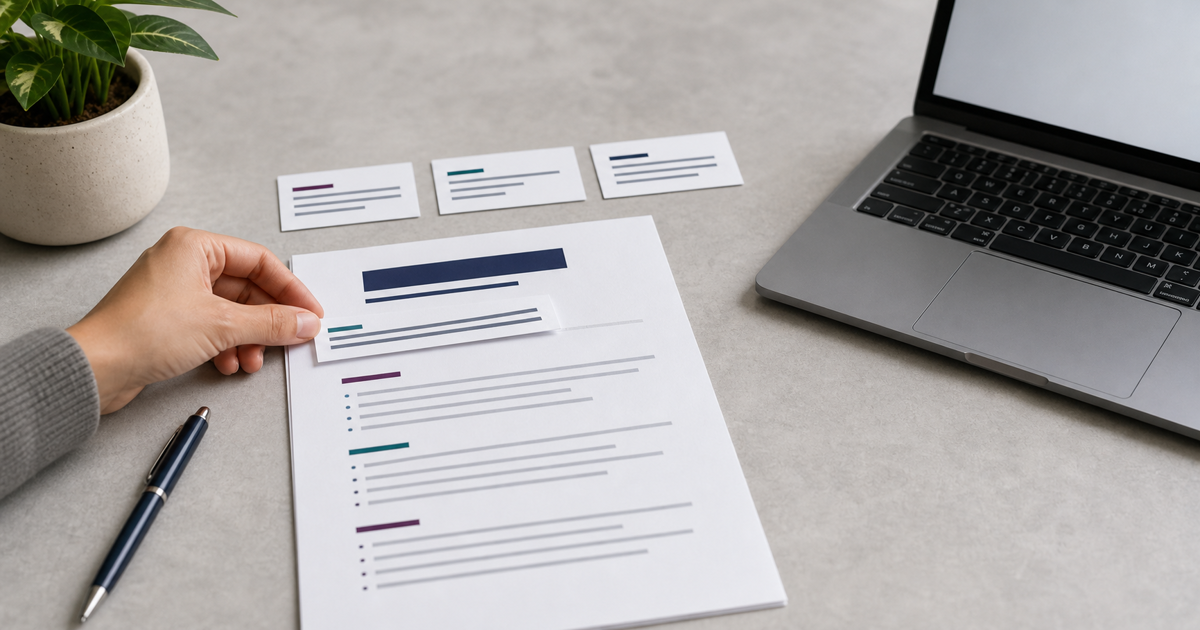 Job seeker comparing several concise headline structures for the top of a resume